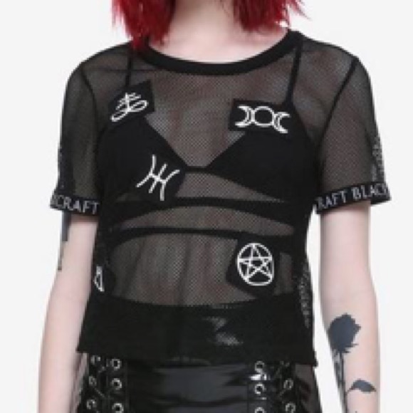 BlackCraft mesh fishnet symbols top shirt womens black witchcore goth punk - Picture 2 of 7
